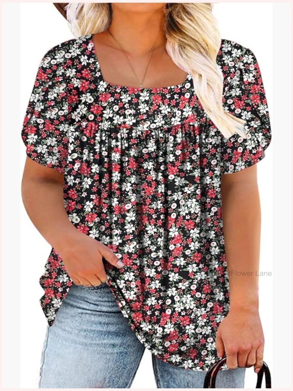 Plus Size Square Neck Petal Sleeve Blouse Tunic Top